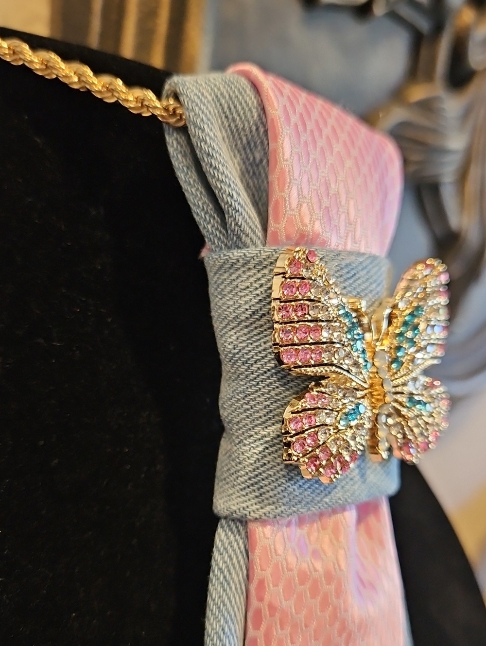 Custom Made Pastel Pink & Light Blue Denim Butterfly Necktie Nrcklace - Picture 4 of 6
